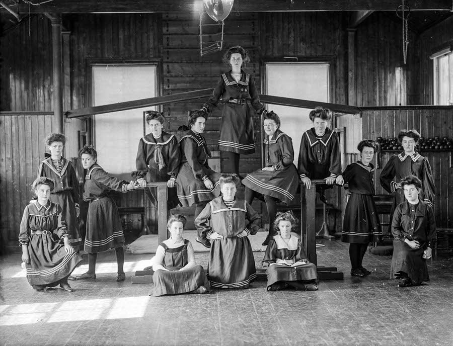 Girls of the Ursuline Convent in Waterford pose in their gymnasium, 1908.