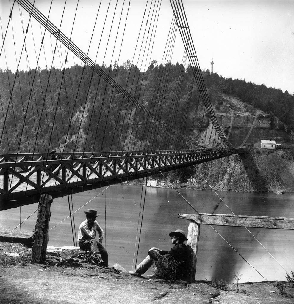 The Lewiston Suspension Bridge across the Niagara River between Lewiston, New York State and Queenston, Ontario, 1860s.