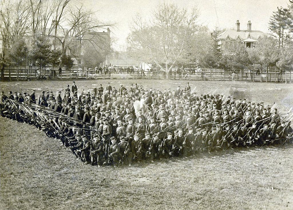 Canadian soldiers of the Queen's Own Rifles pose in square formation, Toronto, 1860s.