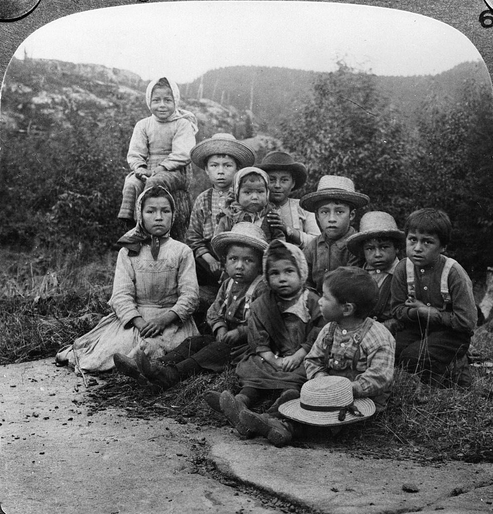 A group of children from either the Chippewa or Ojibway tribe posing outdoors at Port Caldwell, Ontario, 1860s.