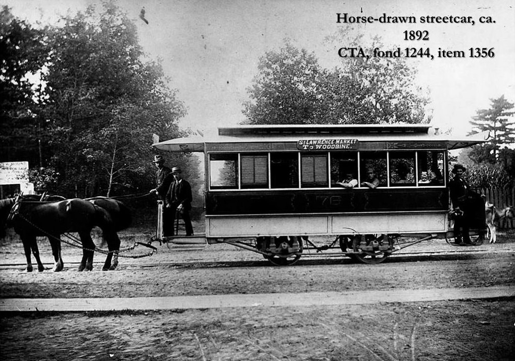 Horse-drawn street car in Toronot, Ontario, 1892.
