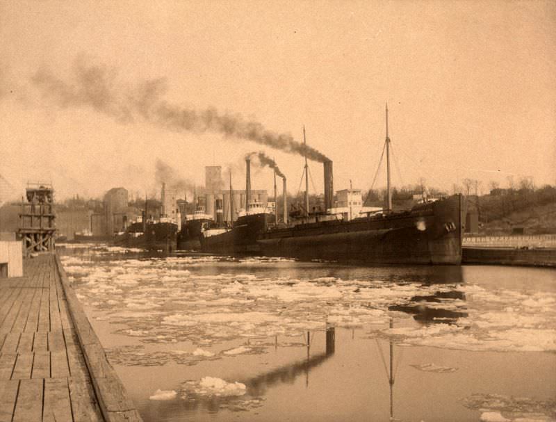 Ships in Goderich harbour, Ontario, 1890s.