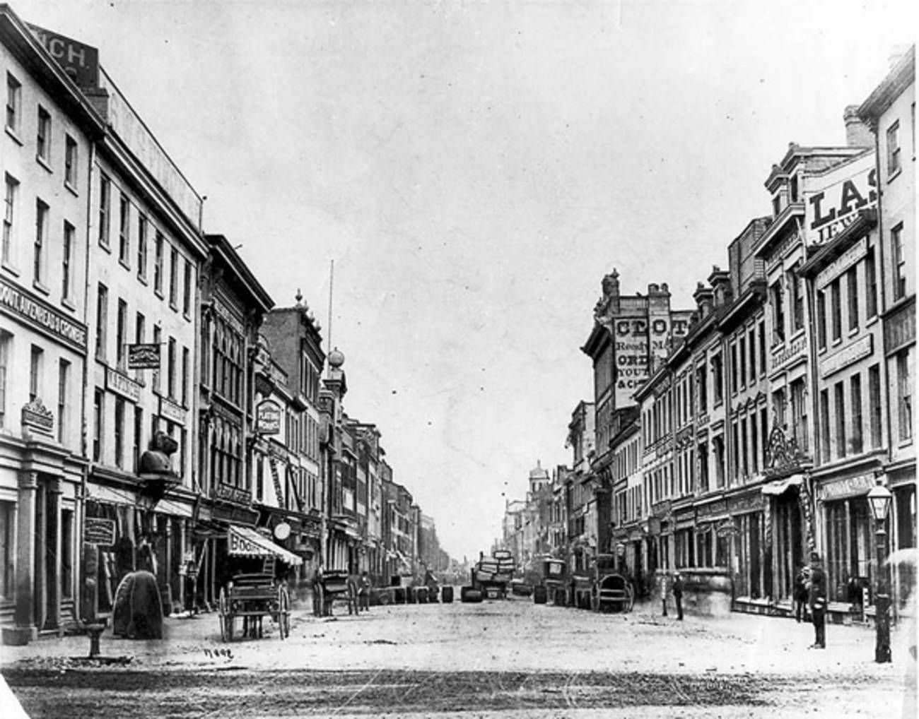 King and Yonge streets looking east, Toronot, Ontario, 1870s.