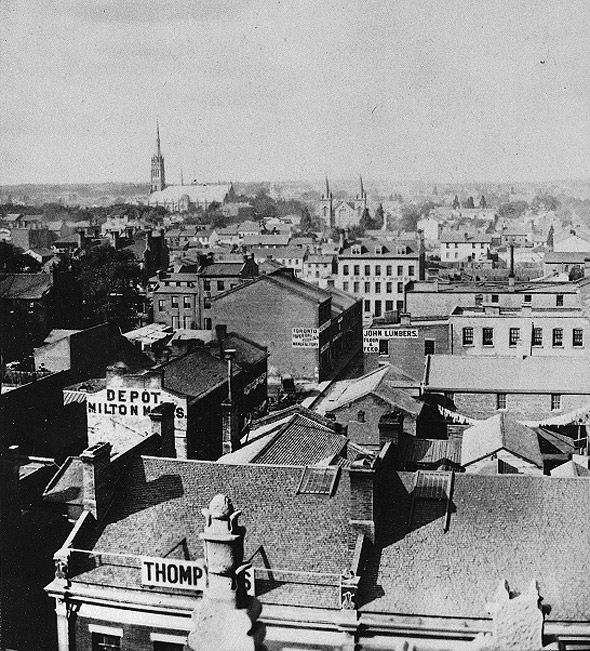 The view from St. Lawrence Market, Toronot, Ontario, 1860s.