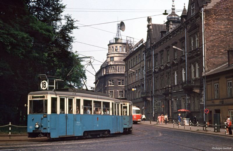One of the countless trams in the capital of Krakow Voivodeship. Krakow, July 1970