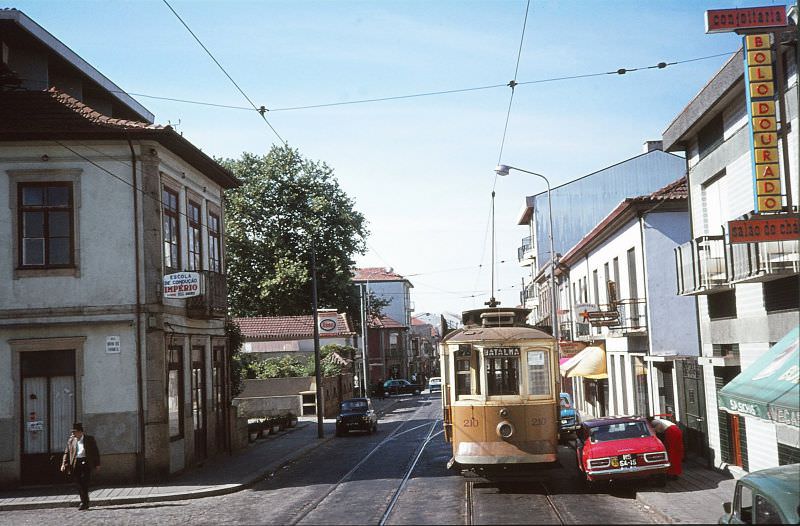 Porto STCP 210, a 1940 CCFP built Brill 28 type 4-wheel semi convertible tram at Amial crossover on route 7 from Batalha to Sao Mamede on 10 June 1974