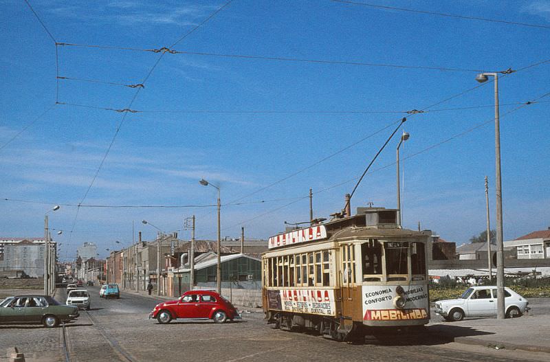 STCP 270, a 1928 CCFP semi convertible maximum traction Brill 39E bogie tram at Godinho on line 1 to Matosinhos on 25 April 1977