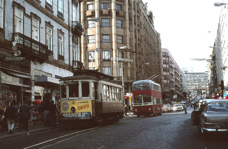 STCP tram and trolleybus on Rua de Sa da Bandeira at Bolhao on 27 April 1977