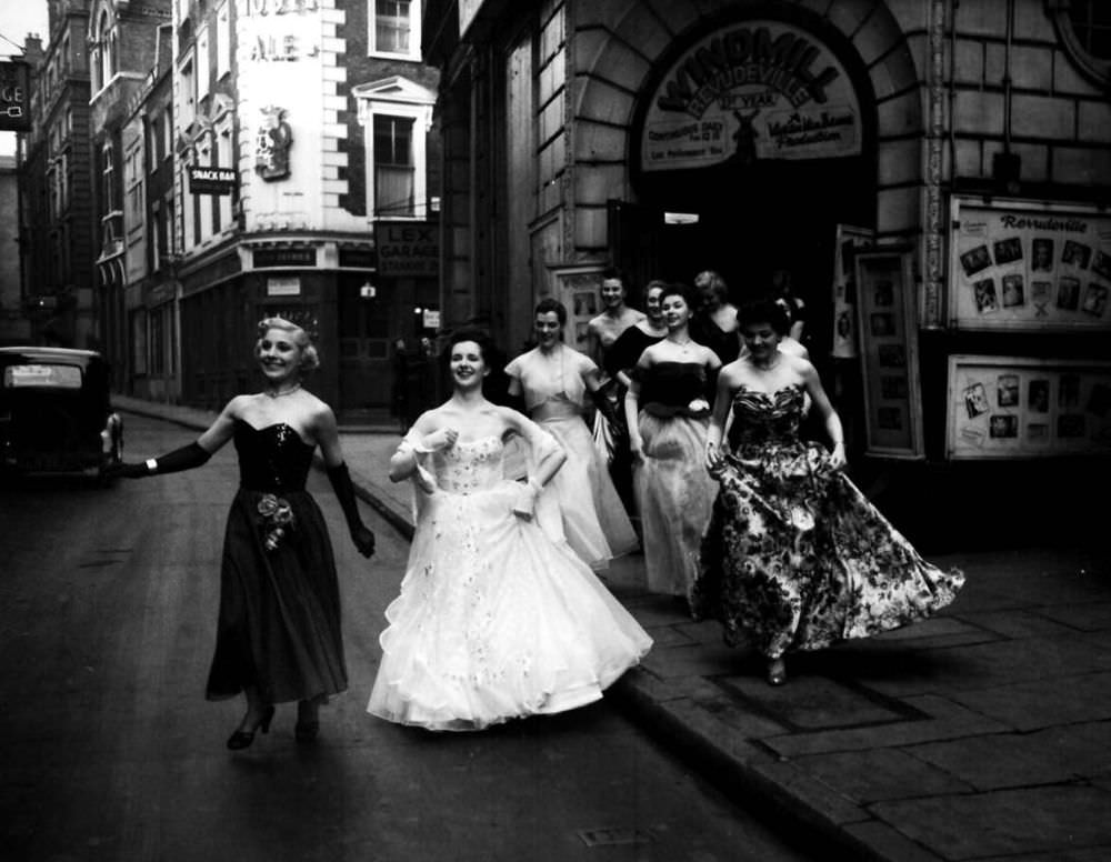 The Windmill girls dash across London’s Soho to a party in 1953.