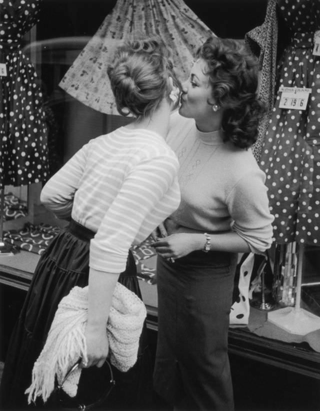 Young girls greeting each other, 1956.