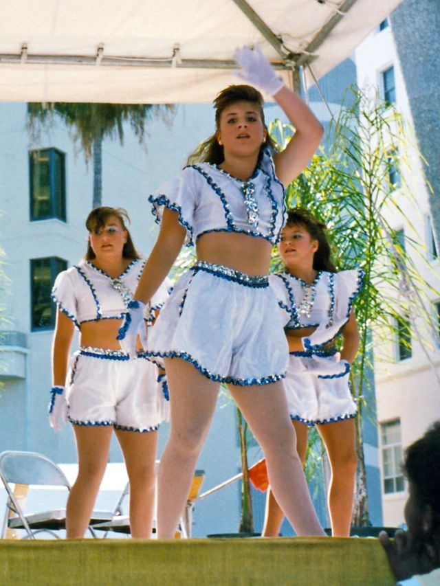 Girls finish off a dance number during a dance school performance at the 1989 SunFest