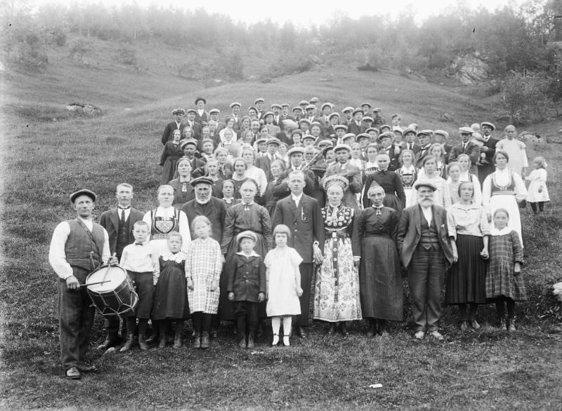 Bride and groom and their wedding guests