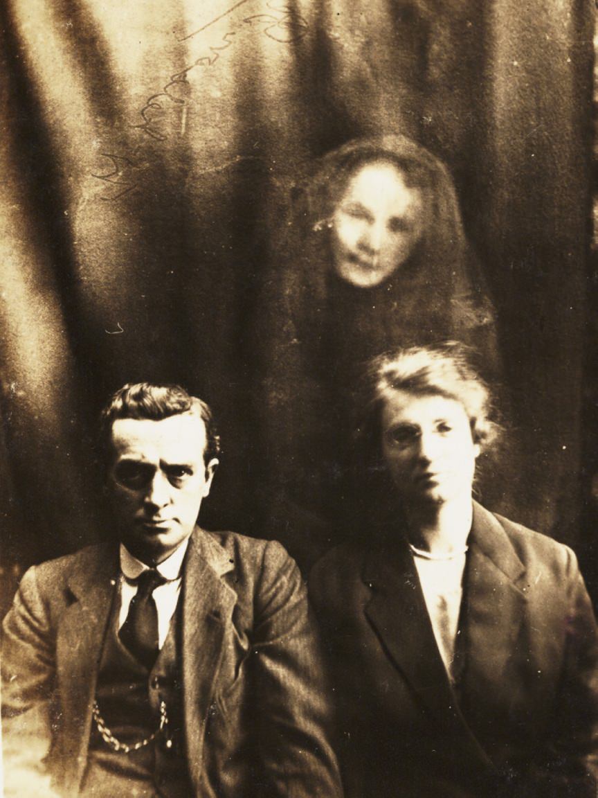 A woman's face appears above a couple.
