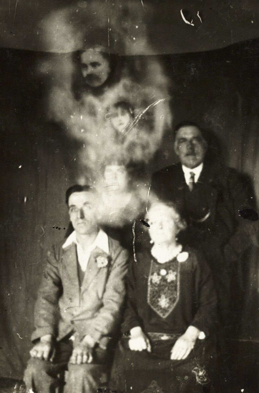 The faces of a man and a girl appear above a group photo.
