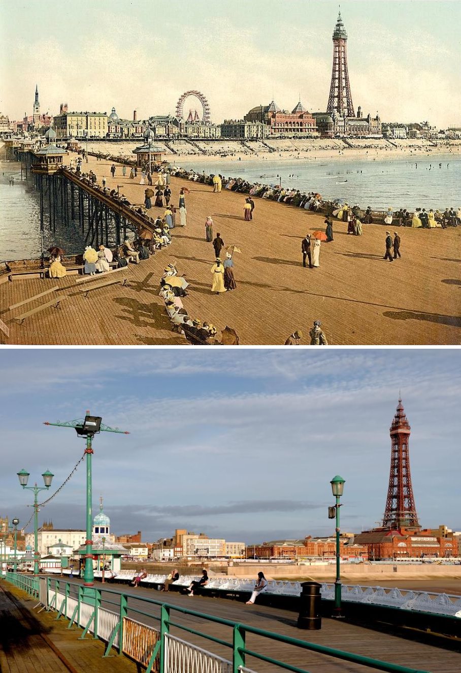 A vintage postcard showing the view over the Northern Pier in Blackpool in the 1800s.