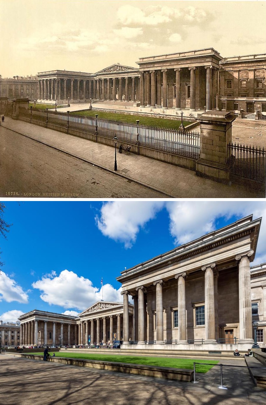 The imposing building of the British museum in London in 1800s.