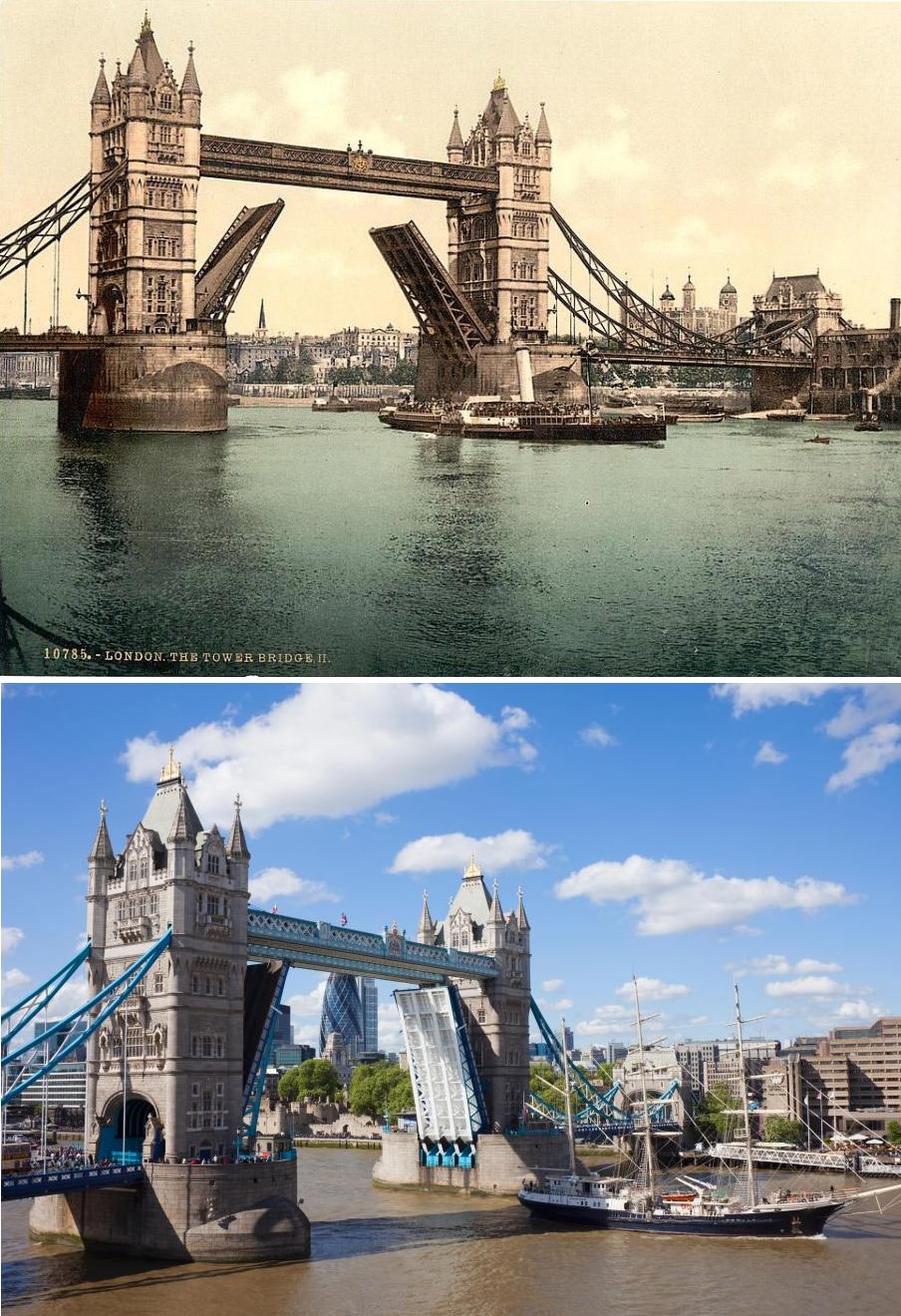 A rare shot of Tower Bridge open during the 1800s.