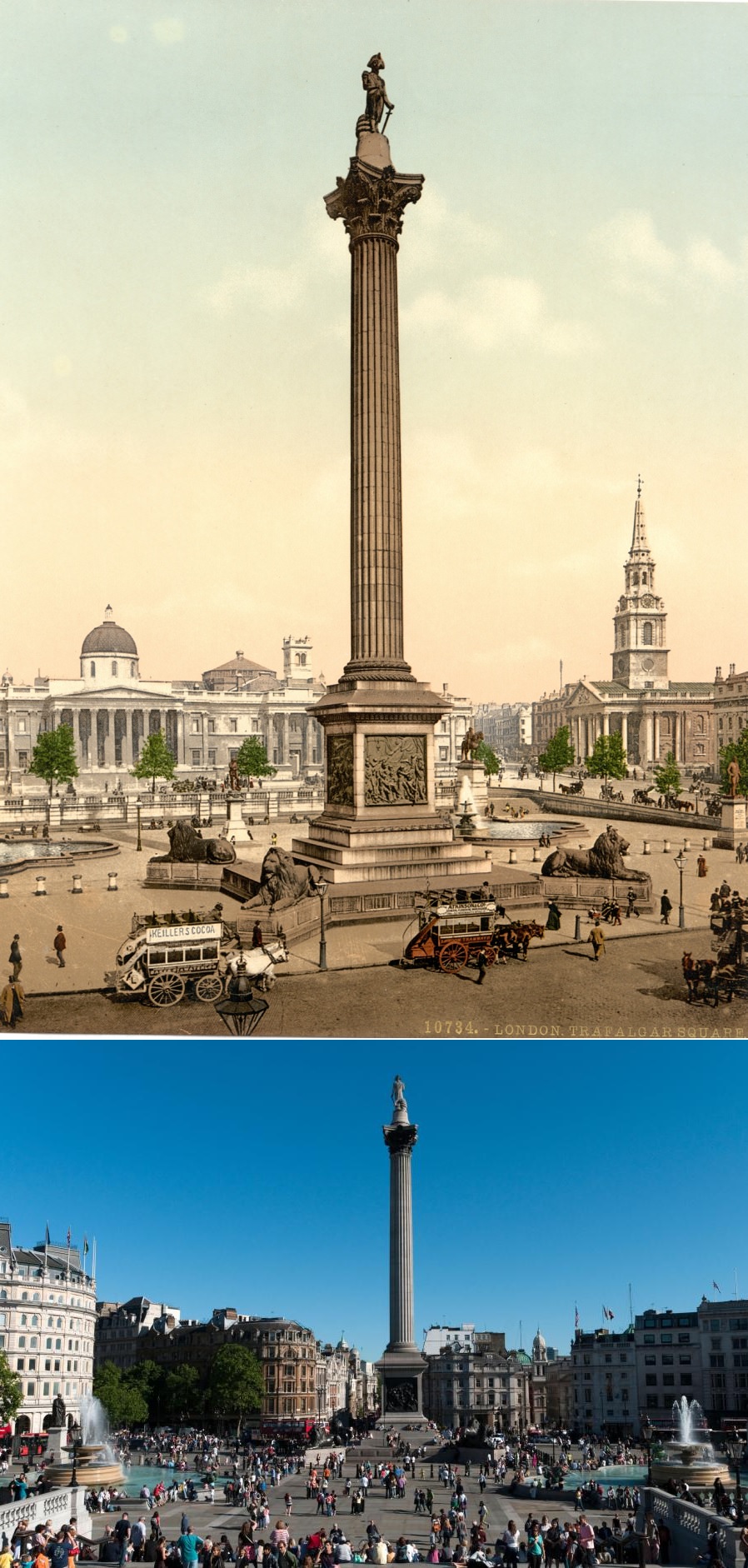 The huge monument of Nelson's Column sitting proudly in Trafalgar Square next to the National Gallery.