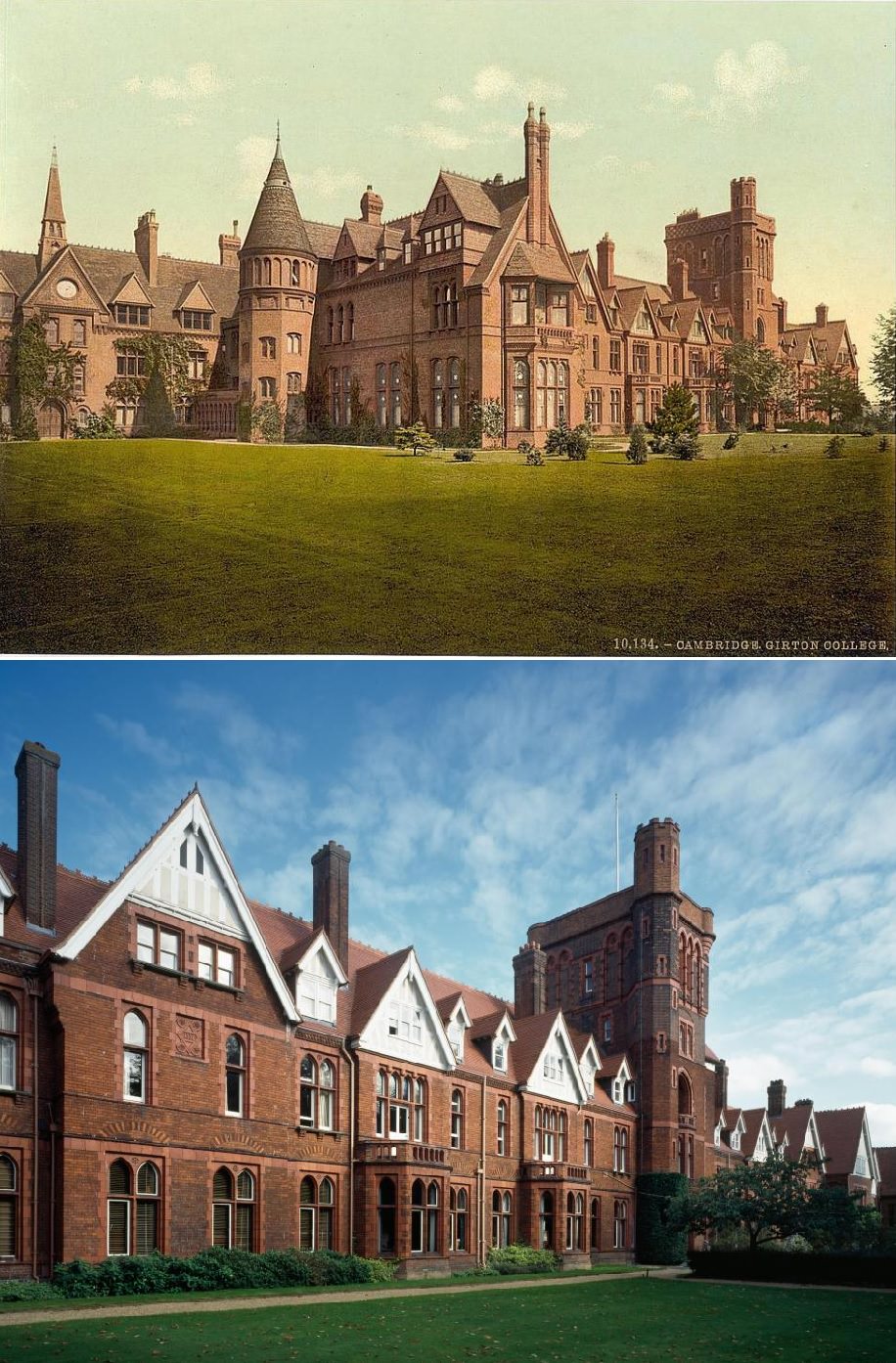 The beautiful red brick building of Girton College in Cambridge in the 1800s.