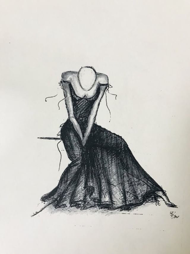 Fashion sketch drawn by Ola Hudson, 1970s.
