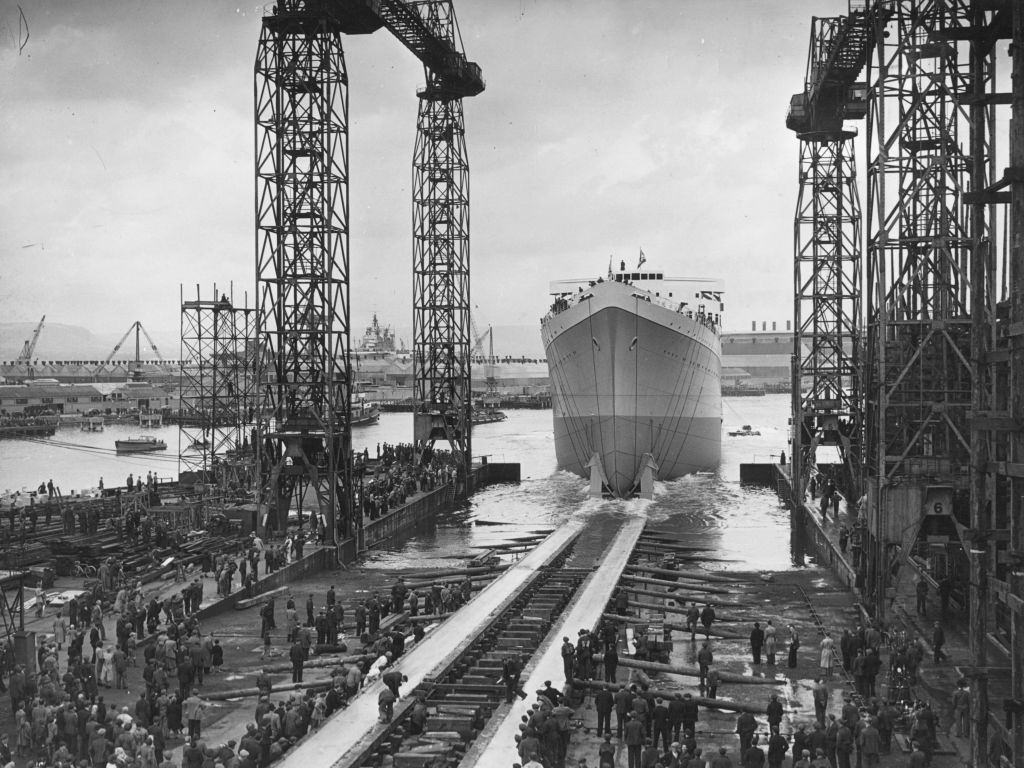 The liner 'The Kenya Castle' being launched at Harland and Wolff's shipyard in Belfast, 1951.