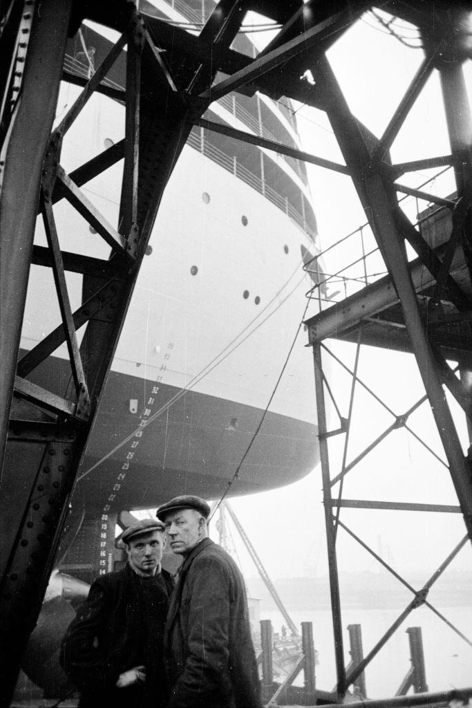 Workers at the Harland and Wolff ship yard in Belfast where a liner is being built, 1954.