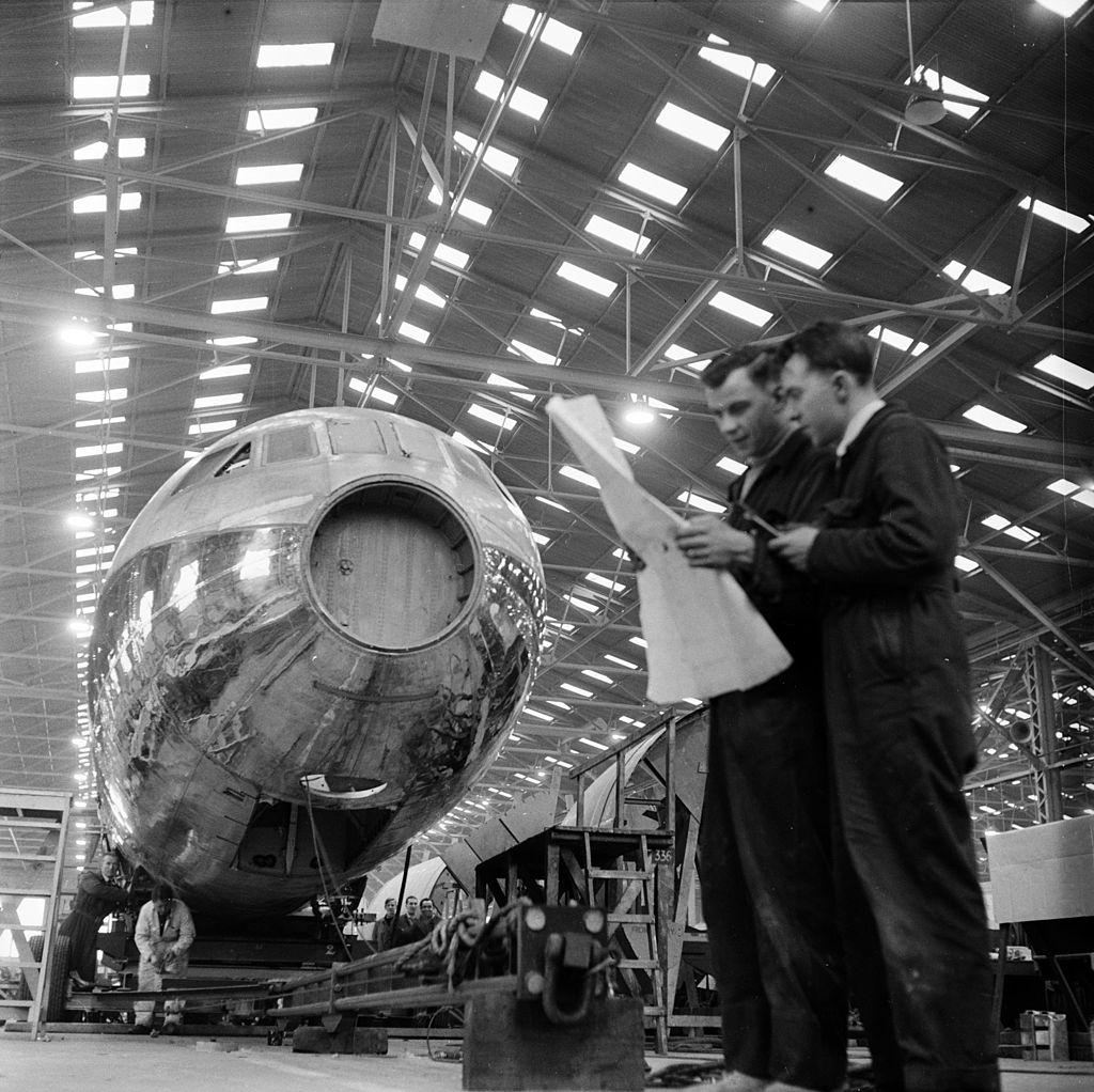 A De Havilland Comet turbo-jet aeroplane under construction at the Short Brothers Factory in Belfast, 1954.