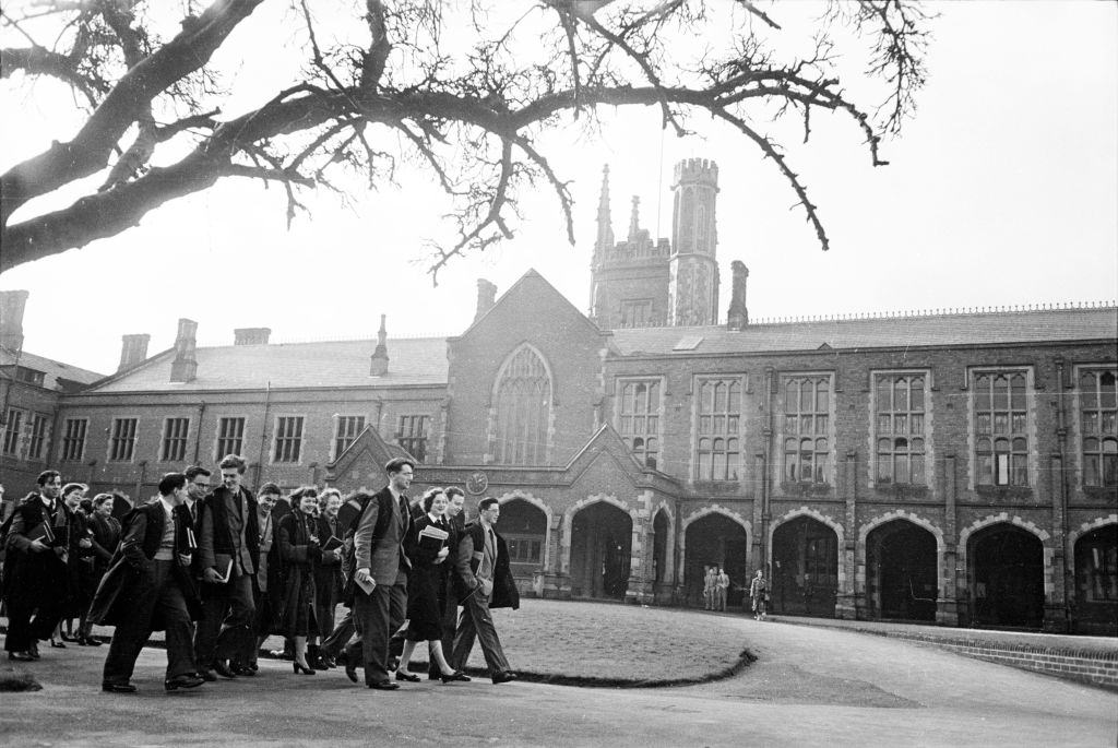 Students wearing gowns at Queen's College in Belfast, 1954.