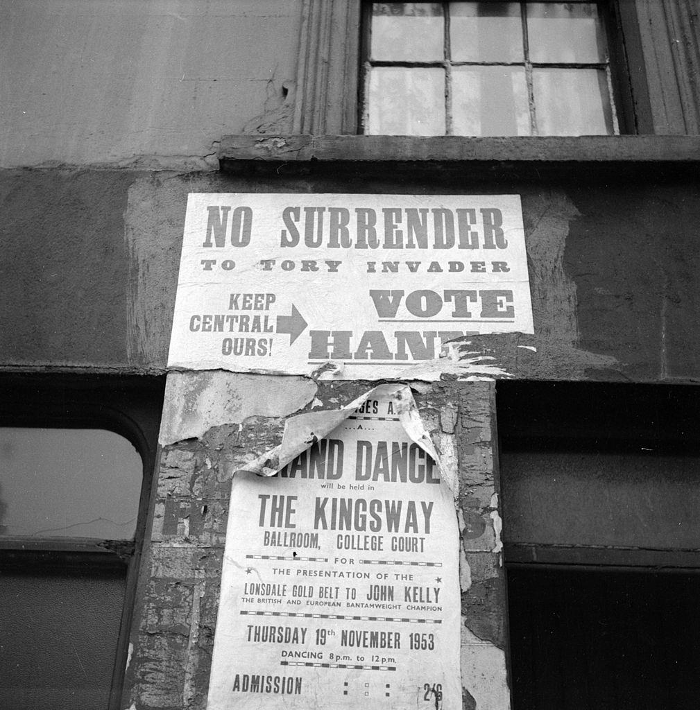 An election poster on a wall in Belfast, 1954.