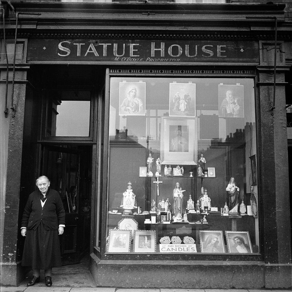 A shop in Belfast which sells religious artefacts, 1954.