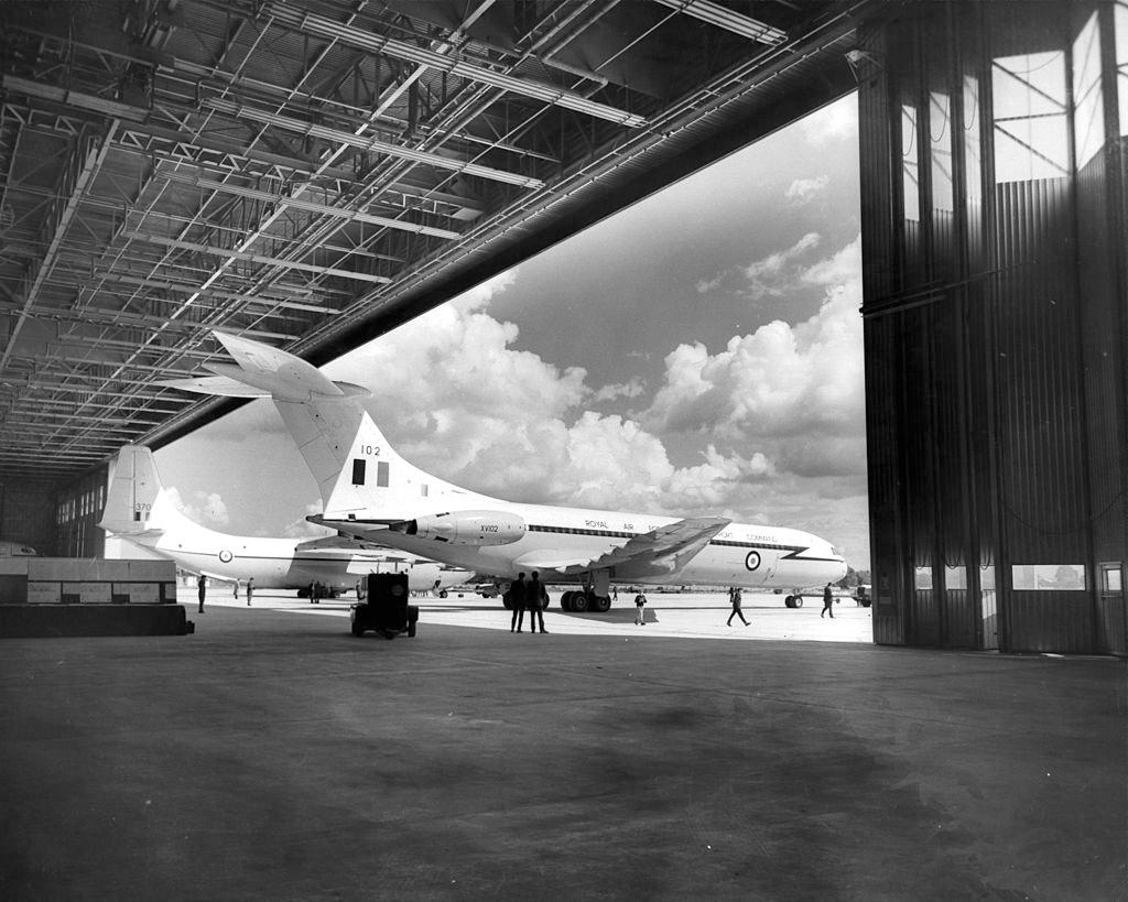 An interior view of the new 350 ft long aircraft hanger in Belfast, 1950.