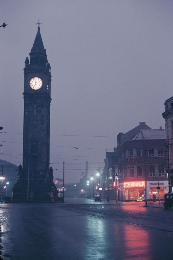 The Albert Memorial Clock tower in Queen's Square, Belfast, 1950.