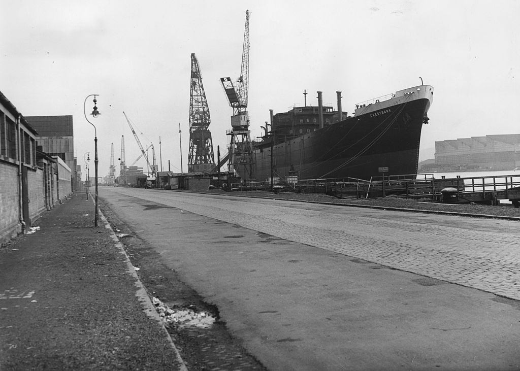 A deserted shipyard in Belfast during a national shipbuilder's strike, 1957.