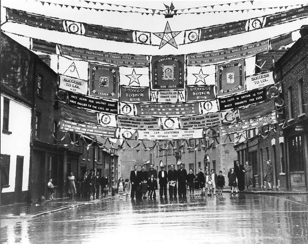 Banners hung across the streets of Belfast during Orange Day celebrations, 1951.