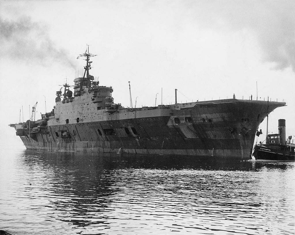 The Royal Navy Audacious-class fleet aircraft carrier HMS Eagle in Belfast, 1951.