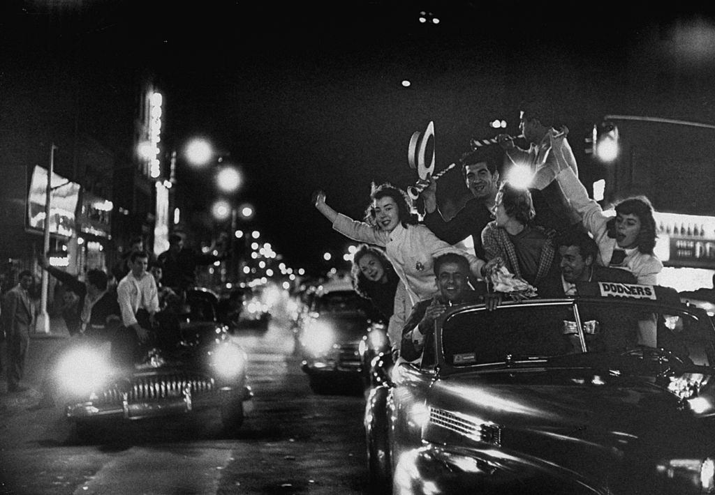 Fans celebrating Dodgers' World Series victory.