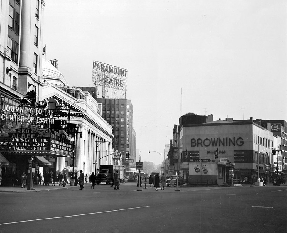 Fulton street scene with the RKO Albee showing 'Journey To The Center Of The Earth' In Brooklyn New York, 1955.