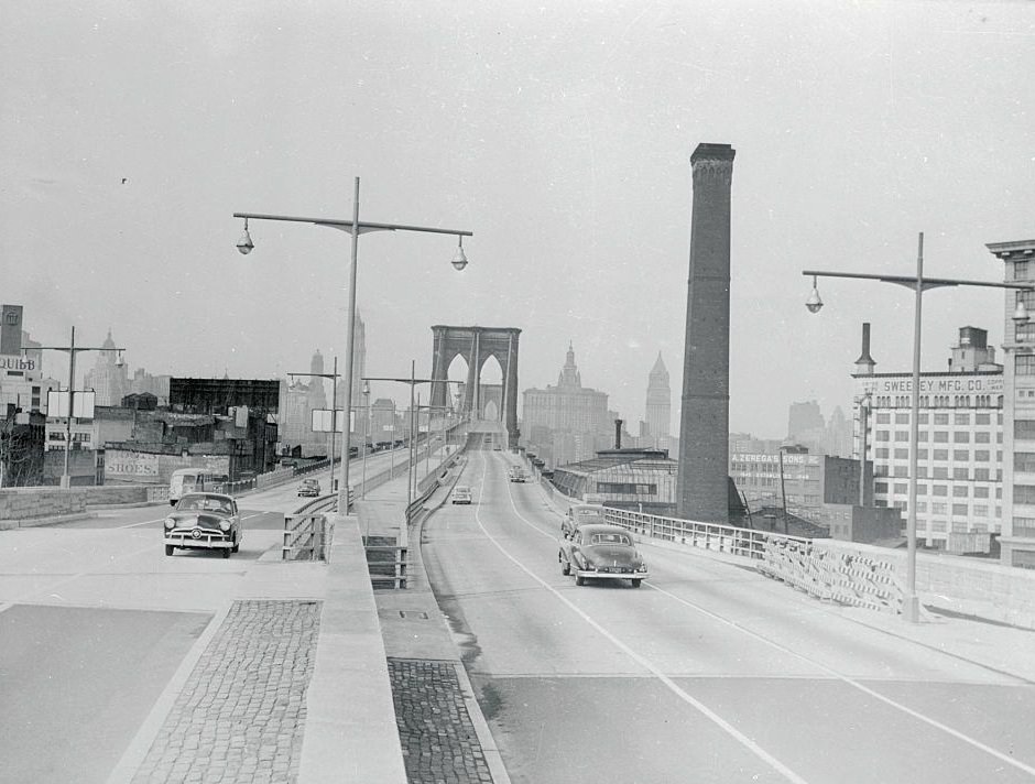 View from Brooklyn Side of Reconstructed Brooklyn Bridge, 1952.