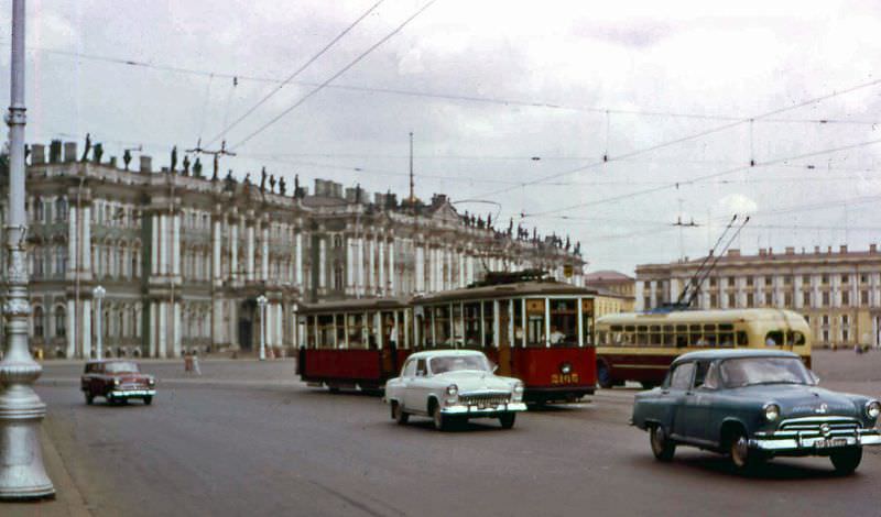Trams and cars in front of the Winter Palace, home of the fabulous Hermitage Museum