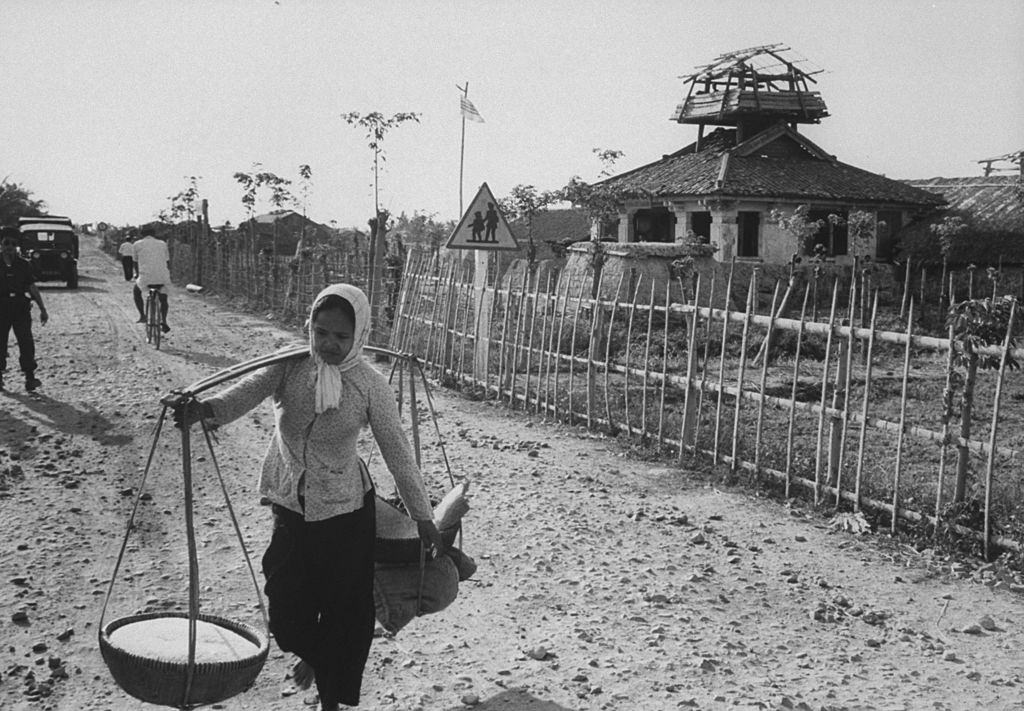 Self-defense post in territory infiltrated by Viet Cong near Truc Giang, 1961.