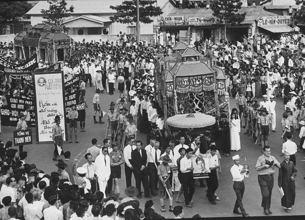 During a Buddhist funeral for 2 young Buddhist killed in Buddhist -Catholic rioting, 1964.