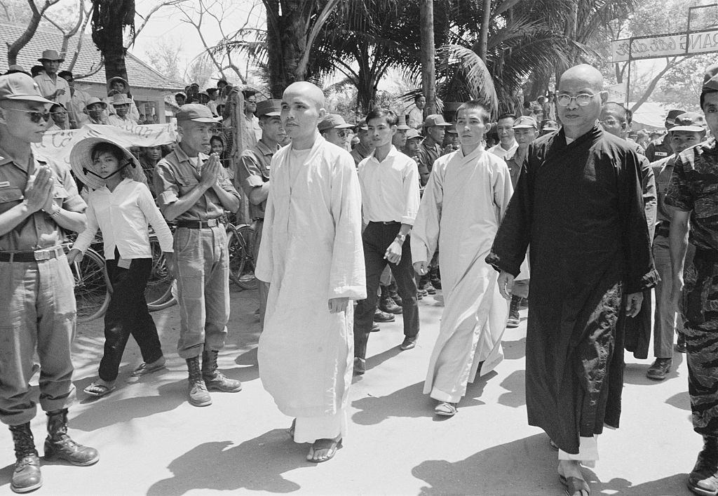 Buddhist Bonze and leader of the Buddhist revolt, Thich Tri Quang leads a rally in Da Nang, Vietnam January 1965