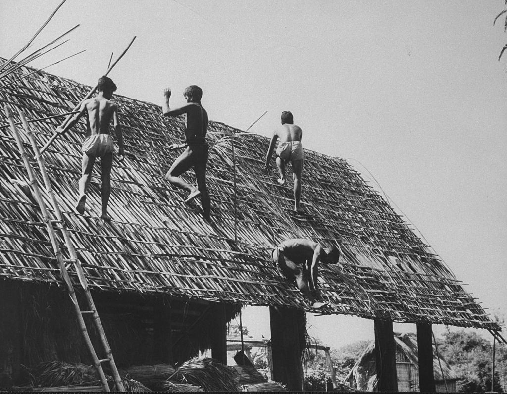 Rhade tribesmen in mt. village putting roof on new 'long house', 1961.