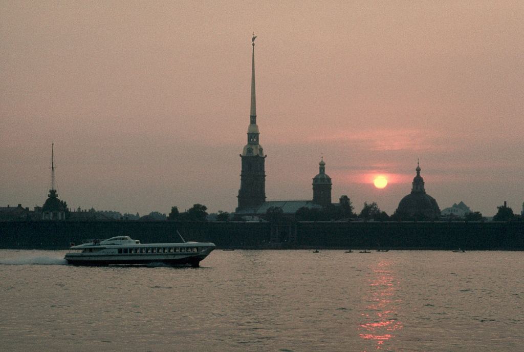 A passenger boat cruises along the Neva River on a white night in Leningrad, 1972.