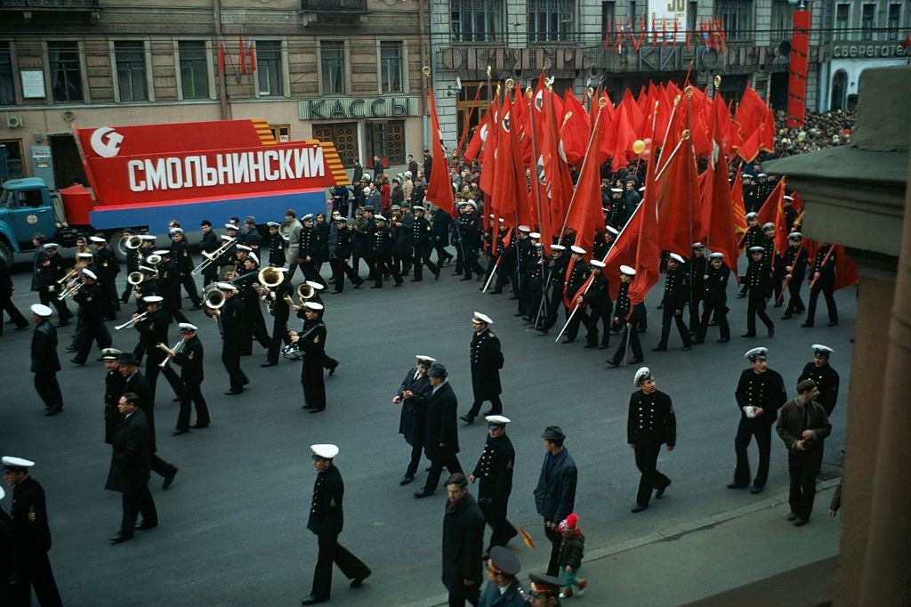 Russian sea cadets marching in a parade on Nevsky Prospect, Leningrad, May 1975.