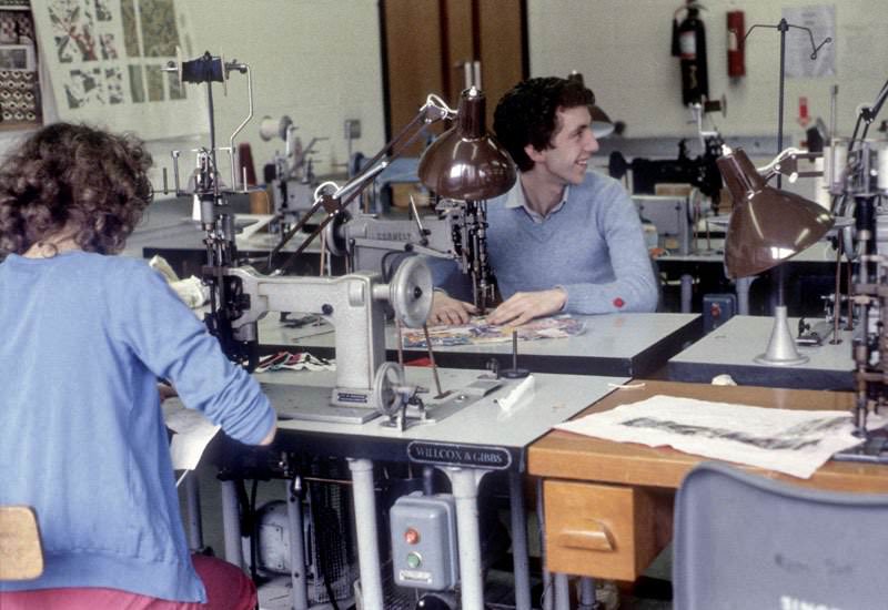 Students working in the embroidery machine room, Manchester Polytechnic, 1982