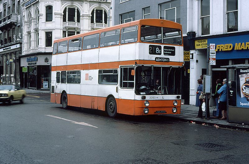 218x bus to Ashton, Piccadilly, 1981