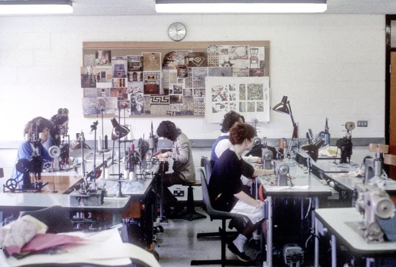 Students working in the embroidery machine room, Manchester Polytechnic, 1982