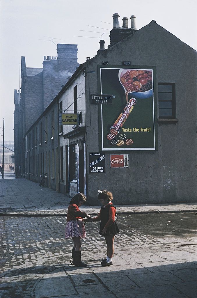 Two girls on the corner of Little Ship Street, Belfast, 1955.