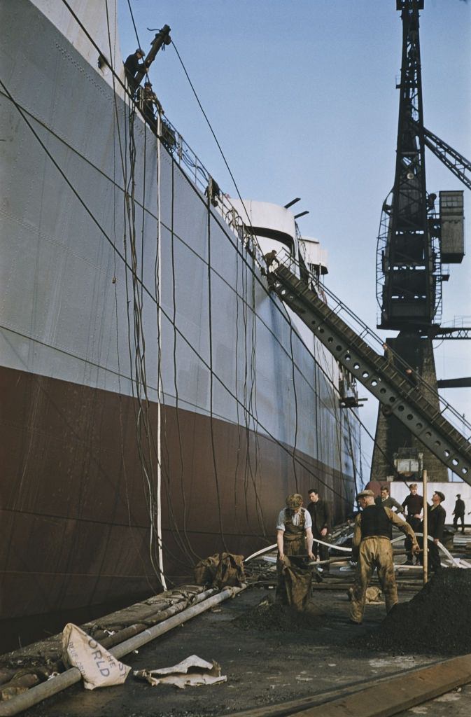 The cargo ship Port Melbourne under construction at the Harland & Wolff shipyard in Belfast, 1955.